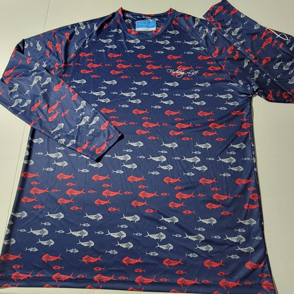 Men's Long Sleeve Navy Performance Shirt - Red & White Fish Print
